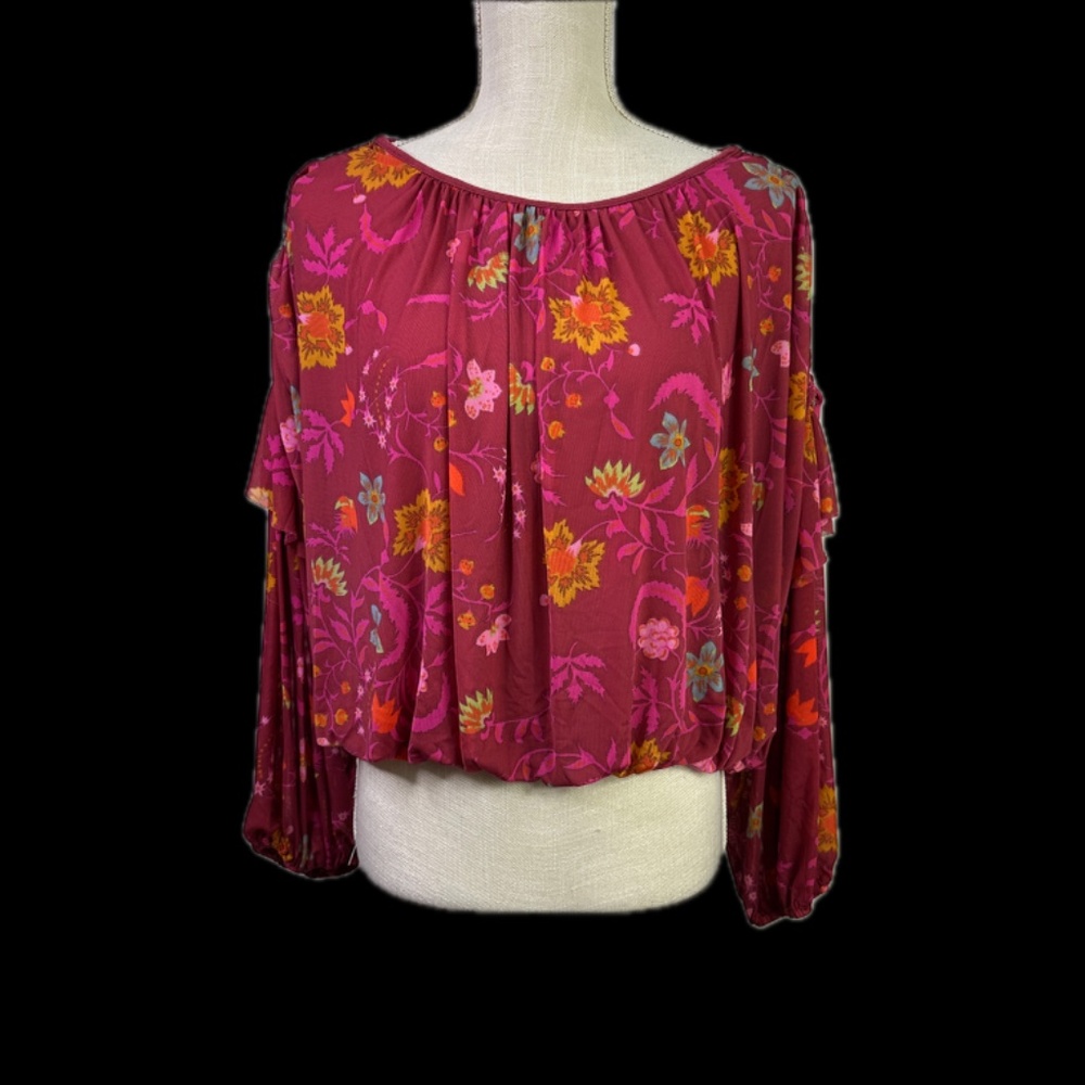 Free People Berry Combo Blouse Floral Boho Balloon Sleeve Womens Size XS